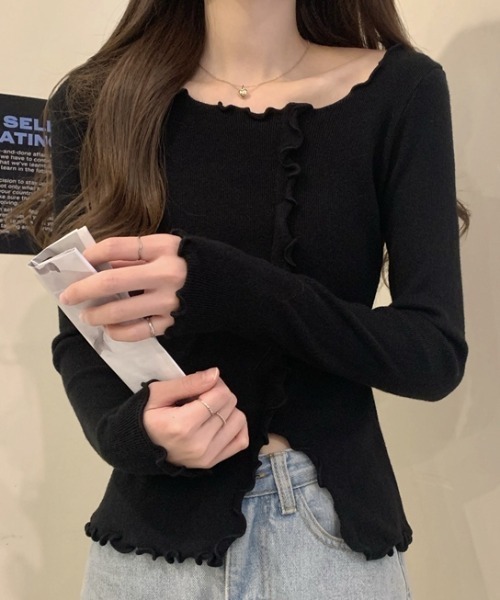 FLINEA(フリネア)の「デザインフリル長袖トップス(Tシャツ/カットソー・レディース・ホワイト/ブラック/モカ/グリーン/ピンク/ベージュ・FREE)」の2枚目の写真