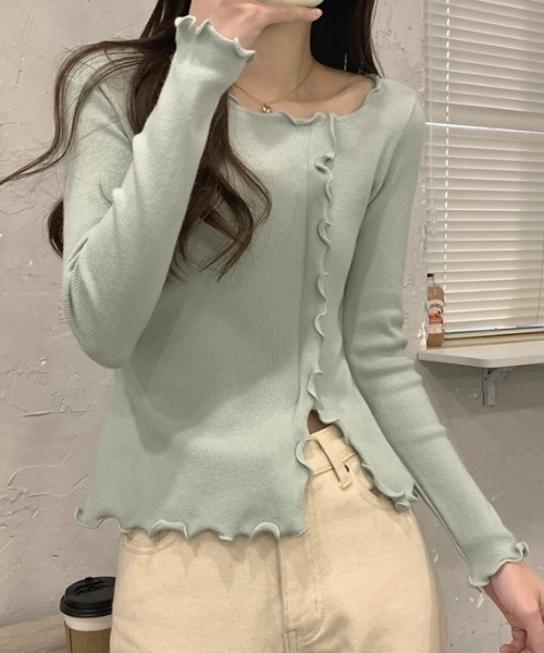 FLINEA(フリネア)の「デザインフリル長袖トップス(Tシャツ/カットソー・レディース・ホワイト/ブラック/モカ/グリーン/ピンク/ベージュ・FREE)」の13枚目の写真