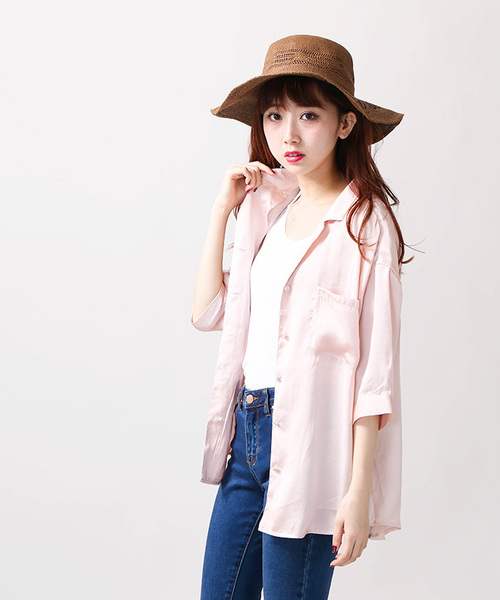 WEGO(ウィゴー)の「WEGO/サテン開襟5分袖シャツ(シャツ/ブラウス・レディース・ホワイト/ライトピンク/レッド系その他4・MEDIUM/LARGE)」の16枚目の写真