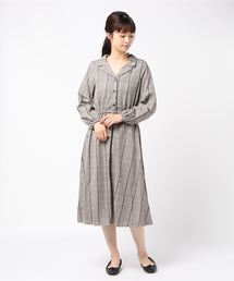 先染めチェック柄 開襟バックリボン 長袖ワンピース