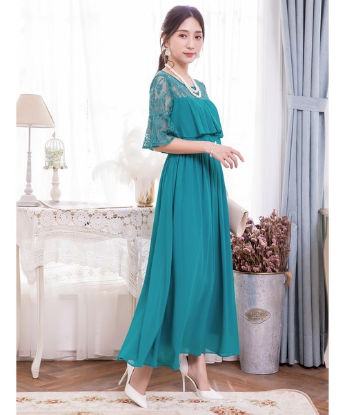 ✨新品✨　calian チャールレースロングドレス　ブルー　結婚式　ワンピース SET3327のレンタルアイテム｜結婚式パーティードレスはcalian