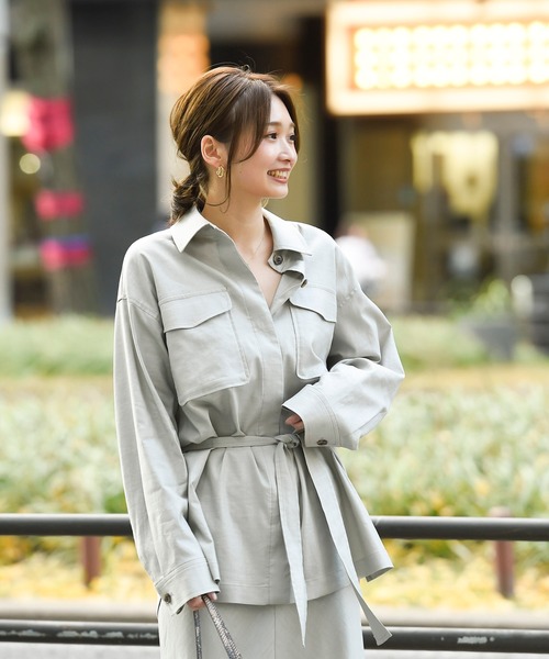 DouDou（ドゥドゥ）の「セットアップリネンストレッチシャツジャケット（シャツ/ブラウス・レディース・グレー/カーキ/ラベンダー・FREE）」の17枚目の写真