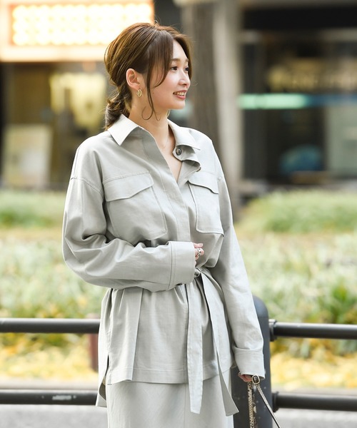 DouDou（ドゥドゥ）の「セットアップリネンストレッチシャツジャケット（シャツ/ブラウス・レディース・グレー/カーキ/ラベンダー・FREE）」の18枚目の写真