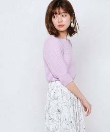 強撚ギャザー袖小花透かしニット