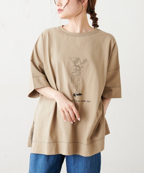 PUAL CE CIN（ピュアルセシン）の「配色ステッチプリントシャツ（Tシャツ/カットソー・レディース・チャコールグレー/ブルー系その他/ホワイト/ベージュ・FREE）」の18枚目の写真