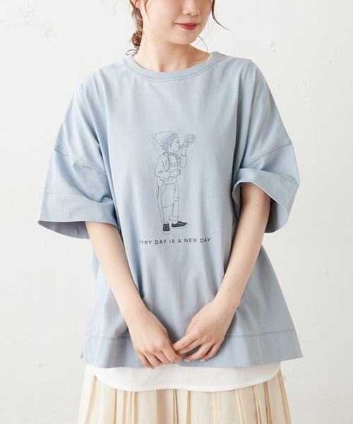 PUAL CE CIN（ピュアルセシン）の「配色ステッチプリントシャツ（Tシャツ/カットソー・レディース・チャコールグレー/ブルー系その他/ホワイト/ベージュ・FREE）」の7枚目の写真