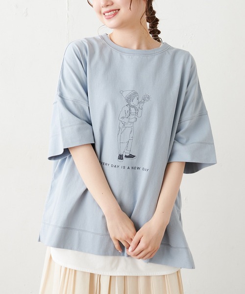 PUAL CE CIN（ピュアルセシン）の「配色ステッチプリントシャツ（Tシャツ/カットソー・レディース・チャコールグレー/ブルー系その他/ホワイト/ベージュ・FREE）」の8枚目の写真