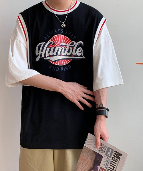 HOOK（フック）の「【HOOK】【2021新作】 アメカジ配色tシャツベストドッキングトップス アンサンブル風（Tシャツ/カットソー・メンズ・ブラック/ブルー/グリーン/グレー/ホワイト・M/L/XL/XXL）」の3枚目の写真