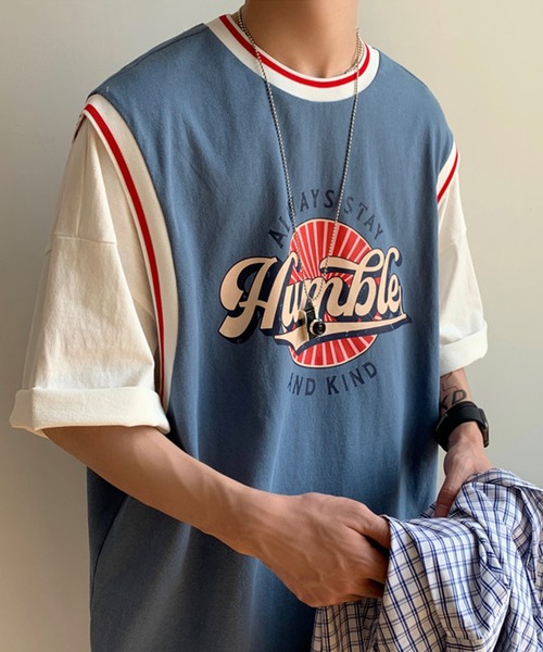 HOOK（フック）の「【HOOK】【2021新作】 アメカジ配色tシャツベストドッキングトップス アンサンブル風（Tシャツ/カットソー・メンズ・ブラック/ブルー/グリーン/グレー/ホワイト・M/L/XL/XXL）」の8枚目の写真