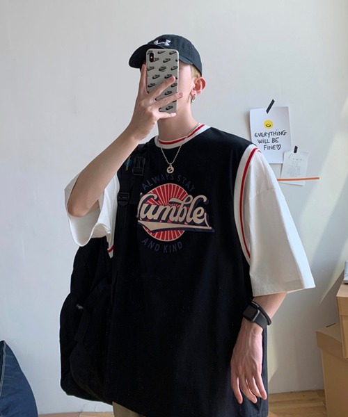 HOOK（フック）の「【HOOK】【2021新作】 アメカジ配色tシャツベストドッキングトップス アンサンブル風（Tシャツ/カットソー・メンズ・ブラック/ブルー/グリーン/グレー/ホワイト・M/L/XL/XXL）」の9枚目の写真