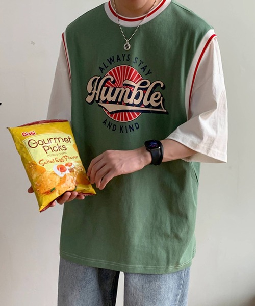 HOOK（フック）の「【HOOK】【2021新作】 アメカジ配色tシャツベストドッキングトップス アンサンブル風（Tシャツ/カットソー・メンズ・ブラック/ブルー/グリーン/グレー/ホワイト・M/L/XL/XXL）」の10枚目の写真