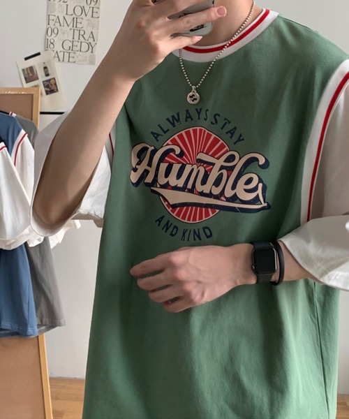 HOOK（フック）の「【HOOK】【2021新作】 アメカジ配色tシャツベストドッキングトップス アンサンブル風（Tシャツ/カットソー・メンズ・ブラック/ブルー/グリーン/グレー/ホワイト・M/L/XL/XXL）」の12枚目の写真