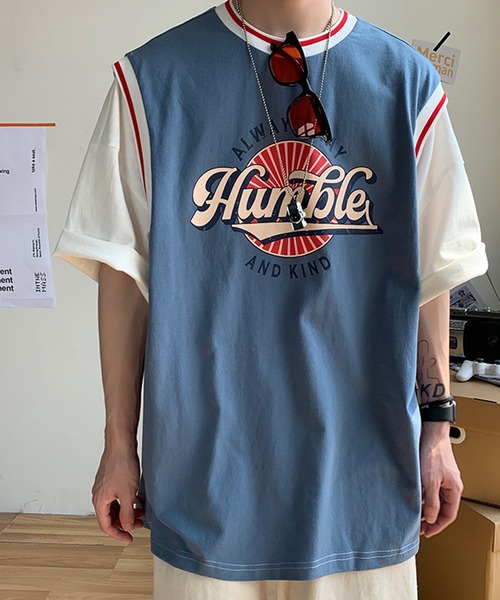 HOOK（フック）の「【HOOK】【2021新作】 アメカジ配色tシャツベストドッキングトップス アンサンブル風（Tシャツ/カットソー・メンズ・ブラック/ブルー/グリーン/グレー/ホワイト・M/L/XL/XXL）」の6枚目の写真