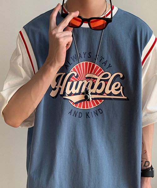 HOOK（フック）の「【HOOK】【2021新作】 アメカジ配色tシャツベストドッキングトップス アンサンブル風（Tシャツ/カットソー・メンズ・ブラック/ブルー/グリーン/グレー/ホワイト・M/L/XL/XXL）」の7枚目の写真