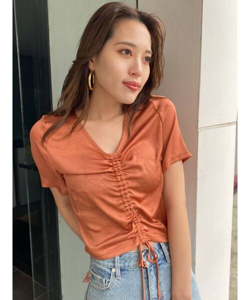 EMODA（エモダ）の「フロントギャザートップ（Tシャツ/カットソー・レディース・オレンジ/ブラック/ホワイト/ブルー・FREE）」の4枚目の写真