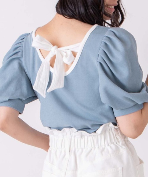 WEGO（ウィゴー）の「WEGO/バックリボン配色スクエアTシャツ（Tシャツ/カットソー・レディース・ライトベージュ/サックスブルー・FREE）」の22枚目の写真