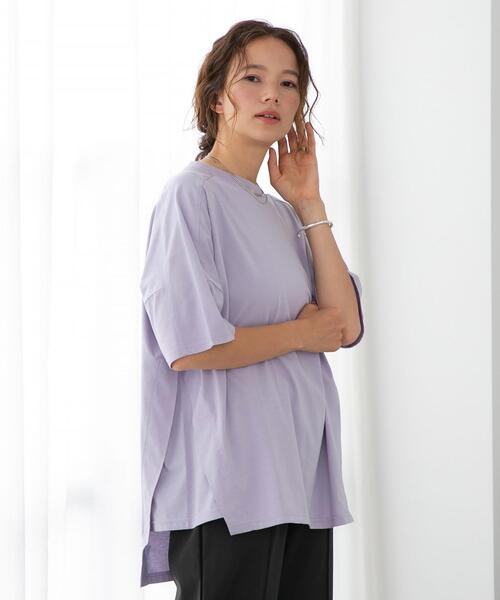 FEELING MADE（フィーリングメイド）の「FEELING MADE クイックドライ天竺 ダイアゴナルライン ビッグTシャツ（Tシャツ/カットソー・レディース・ベージュ/ダークグレー/オリーブ/ライラック/ホワイト・FREE）」の5枚目の写真