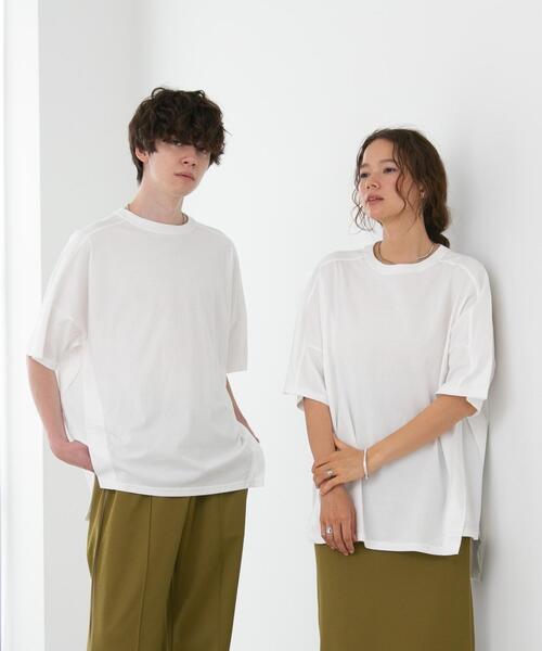 FEELING MADE（フィーリングメイド）の「FEELING MADE クイックドライ天竺 ダイアゴナルライン ビッグTシャツ（Tシャツ/カットソー・レディース・ベージュ/ダークグレー/オリーブ/ライラック/ホワイト・FREE）」の6枚目の写真