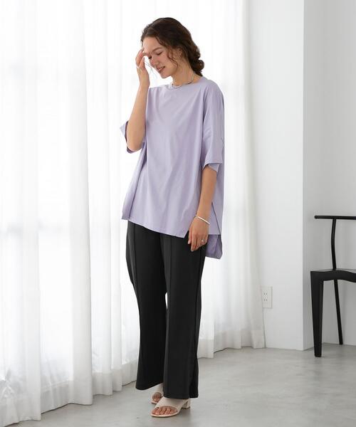 FEELING MADE（フィーリングメイド）の「FEELING MADE クイックドライ天竺 ダイアゴナルライン ビッグTシャツ（Tシャツ/カットソー・レディース・ベージュ/ダークグレー/オリーブ/ライラック/ホワイト・FREE）」の10枚目の写真