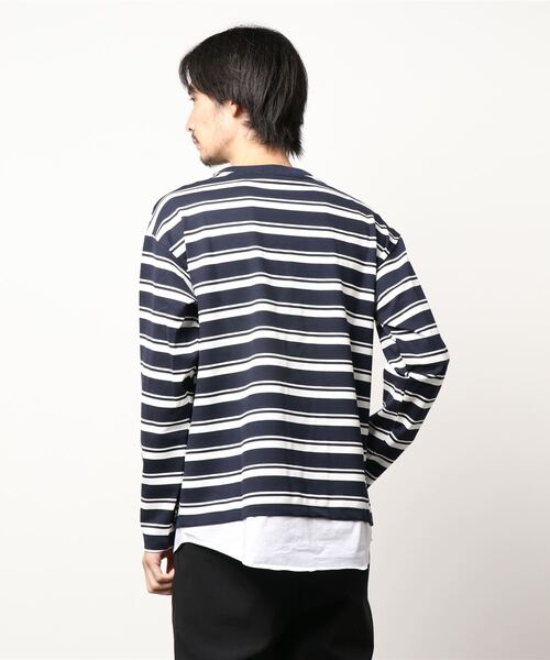 UNION STATION（ユニオンステーション）の「ポンチボーダー×布帛切り替えカットソー（Tシャツ/カットソー・メンズ・ベージュ/ネイビー・L/M/LL）」の4枚目の写真