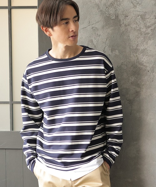 UNION STATION（ユニオンステーション）の「ポンチボーダー×布帛切り替えカットソー（Tシャツ/カットソー・メンズ・ベージュ/ネイビー・L/M/LL）」の2枚目の写真