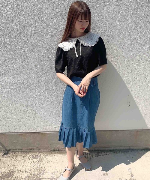 Hamble by Par Avion(ハンブルバイパラビオン)の「レース衿Teeブラウス(Tシャツ/カットソー・レディース・オフホワイト/ブラック・ONESIZE)」の1枚目の写真