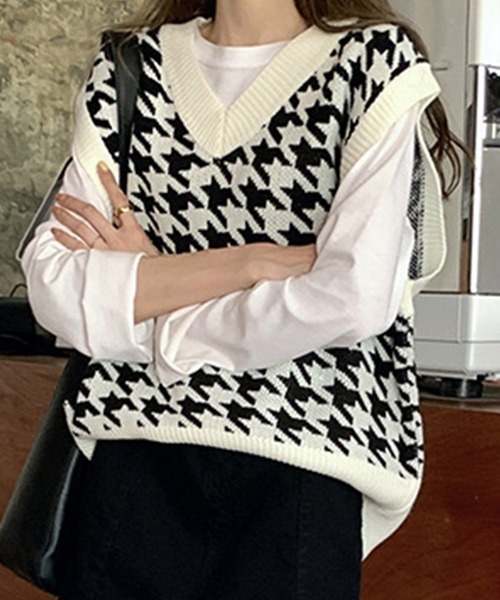 DAY CLOSET(デイ クローゼット)の「レディース 千鳥格子ドロップショルダーニットベスト(ベスト・レディース・ホワイト/ライトブルー/ブラック/ブラウン・ONE SIZE)」の10枚目の写真