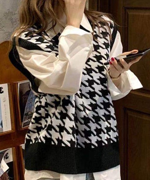 DAY CLOSET(デイ クローゼット)の「レディース 千鳥格子ドロップショルダーニットベスト(ベスト・レディース・ホワイト/ライトブルー/ブラック/ブラウン・ONE SIZE)」の11枚目の写真