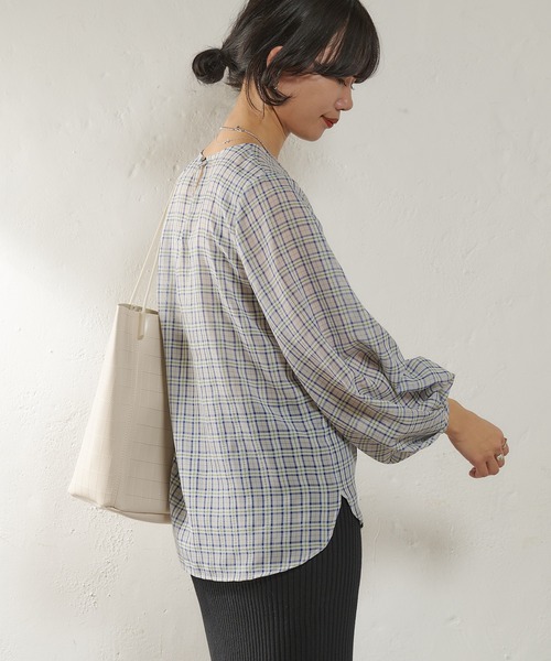 sheller シェリエ　シアーフロッキーチェック　ブラウス　トップス　チェック 新品タグ付き シェリエ sheller シアー フロッキー チェック