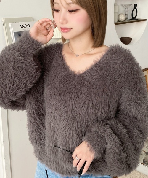 セール】Vネックバルーンスリーブロングシャギーニットプルオーバー