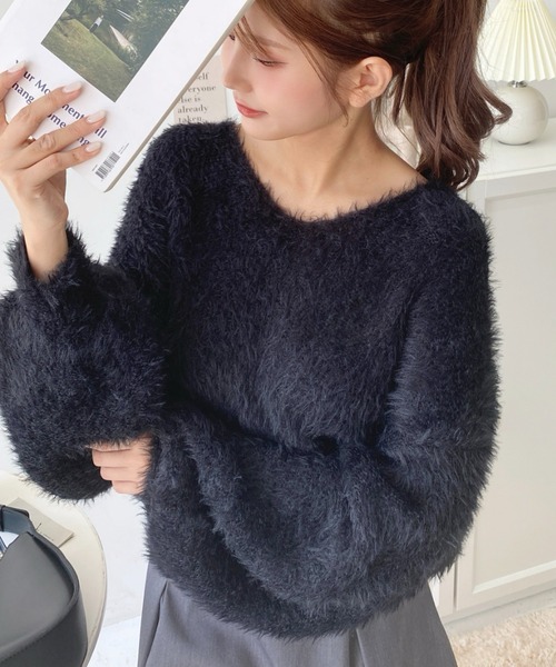 セール】Vネックバルーンスリーブロングシャギーニットプルオーバー