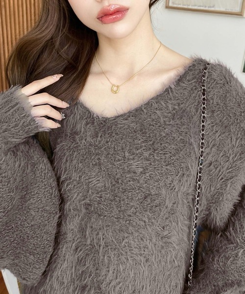 セール】Vネックバルーンスリーブロングシャギーニットプルオーバー