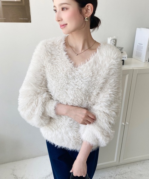 セール】Vネックバルーンスリーブロングシャギーニットプルオーバー