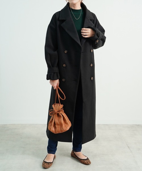 Fizz(フィズ)の「【Fizz/フィズ】 ウールライク ベルト付きダブルボタンロングコート(トレンチコート・レディース・ベージュ/アイボリー/ブラック/ブルー・M)」の2枚目の写真