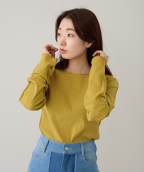 Kastane（カスタネ）の「【2023SSアイテム】テレコボーダークルーインナー（Tシャツ/カットソー・レディース・ブラック/オフホワイト/イエロー/ブルー・FREE）」の19枚目の写真