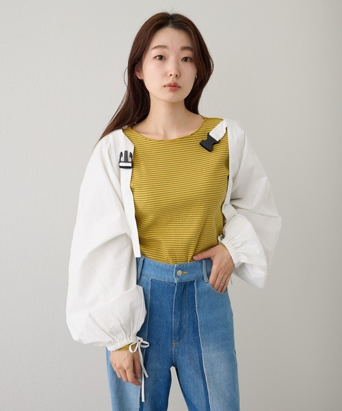 Kastane（カスタネ）の「【2023SSアイテム】テレコボーダークルーインナー（Tシャツ/カットソー・レディース・ブラック/オフホワイト/イエロー/ブルー・FREE）」の14枚目の写真