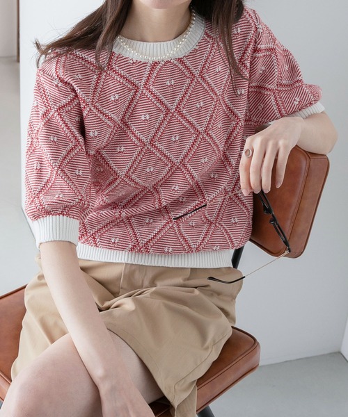 BONLECILL(ボンルシール)の「幾何学柄 パフスリーブ半袖ニットプルオーバー(ニット/セーター・レディース・ライトグリーン/ブラック/アイボリー/ブルー・FREE)」の2枚目の写真