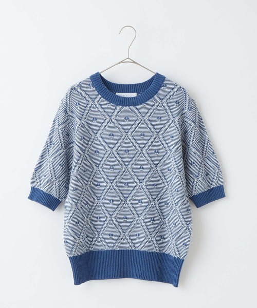 RhodolirioN◆Puff Sleeve Sweater/パフスリーブニットセーター/ポリエステル/NVY/総柄/LN890 RhodolirioN◇Puff Sleeve Sweater/パフスリーブニットセーター