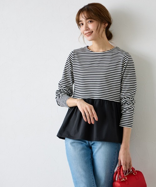 Pierrot（ピエロ）の「異素材ドッキングフリルギャザーカットソー（Tシャツ/カットソー・レディース・チャコールグレー/ブラック×ブラック/オフホワイト/ブラック/ブラック×ホワイト・M/L）」の6枚目の写真