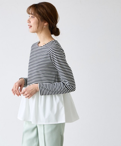 Pierrot（ピエロ）の「異素材ドッキングフリルギャザーカットソー（Tシャツ/カットソー・レディース・チャコールグレー/ブラック×ブラック/オフホワイト/ブラック/ブラック×ホワイト・M/L）」の10枚目の写真