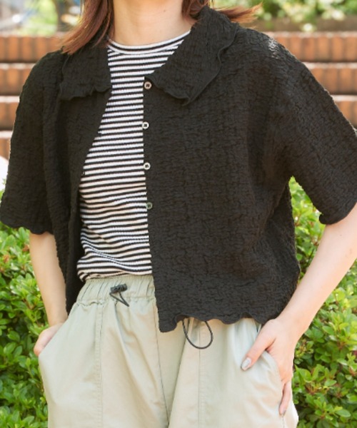 EDIT Gris（エディットグリ）の「襟付きショート丈カットジャガードカーディガン（カーディガン/ボレロ・レディース・ホワイト/ブラック・FREE）」の8枚目の写真