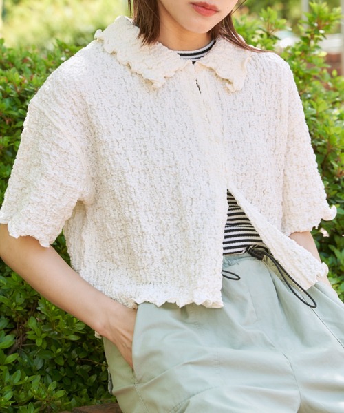 EDIT Gris（エディットグリ）の「襟付きショート丈カットジャガードカーディガン（カーディガン/ボレロ・レディース・ホワイト/ブラック・FREE）」の15枚目の写真