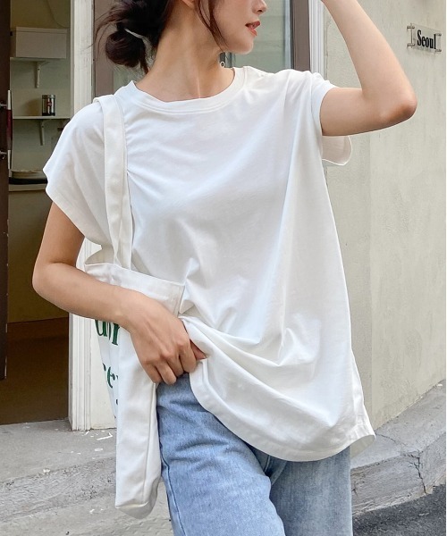 ad thie(アドティエ)の「フレンチスリーブ 半袖Tシャツ(Tシャツ/カットソー・レディース・ブルー/ダークブラウン/モカ/ピンク系その他4/スモーク/オフホワイト/ライトグリーン/ピンク/チャコール/ブラック/ベージュ/グリーン・FREE)」の3枚目の写真