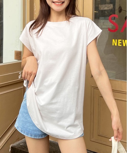 ad thie(アドティエ)の「フレンチスリーブ 半袖Tシャツ(Tシャツ/カットソー・レディース・ブルー/ダークブラウン/モカ/ピンク系その他4/スモーク/オフホワイト/ライトグリーン/ピンク/チャコール/ブラック/ベージュ/グリーン・FREE)」の12枚目の写真