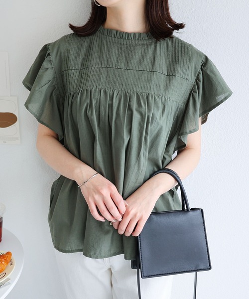andme(アンドミー)の「インド綿ピンタックフレンチスリーブブラウス(シャツ/ブラウス・レディース・ブラック/カーキ/オフホワイト/ブラウン/オレンジ/ネイビー・M)」の4枚目の写真