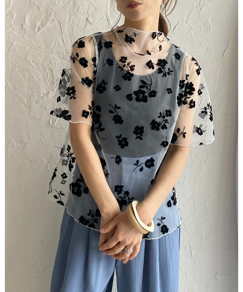 She's Closet(シーズクローゼット)の「花柄半袖メロウフリルハイネックシアーチュールトップス(Tシャツ/カットソー・レディース・ブラック/オフホワイト/モカ・FREE)」の16枚目の写真