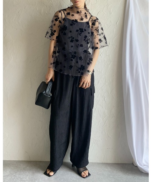 セール】花柄半袖メロウフリルハイネックシアーチュールトップス