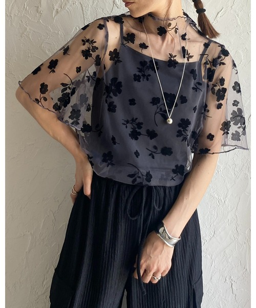 She's Closet(シーズクローゼット)の「花柄半袖メロウフリルハイネックシアーチュールトップス(Tシャツ/カットソー・レディース・ブラック/オフホワイト/モカ・FREE)」の20枚目の写真