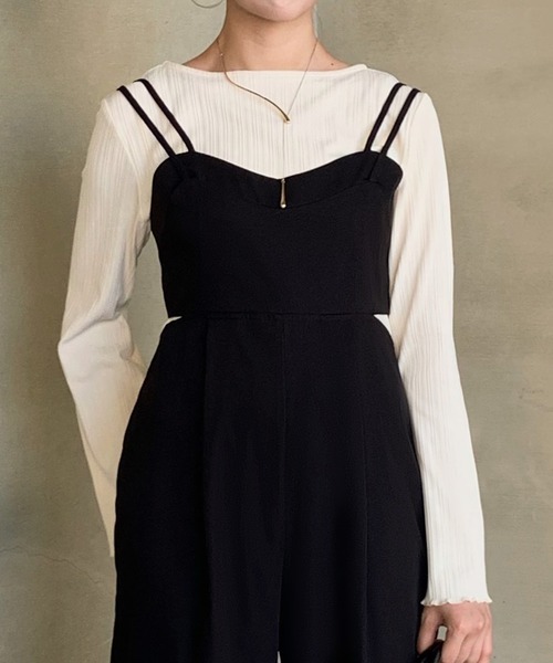 JUNOAH（ジュノア）の「ダブルストラップハイウエストサロペット（サロペット/オーバーオール・レディース・ライトベージュ/ダークブラウン/ブラック・X-LARGE/LARGE/MEDIUM）」の5枚目の写真