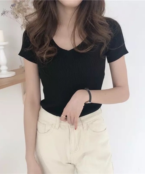 NO WAY（ノーウェイ）の「【Bz】 [IZU] Vネックニットソー（Tシャツ/カットソー・レディース・ブラック/オレンジ/グリーン/ピンク/ホワイト・FREE）」の3枚目の写真